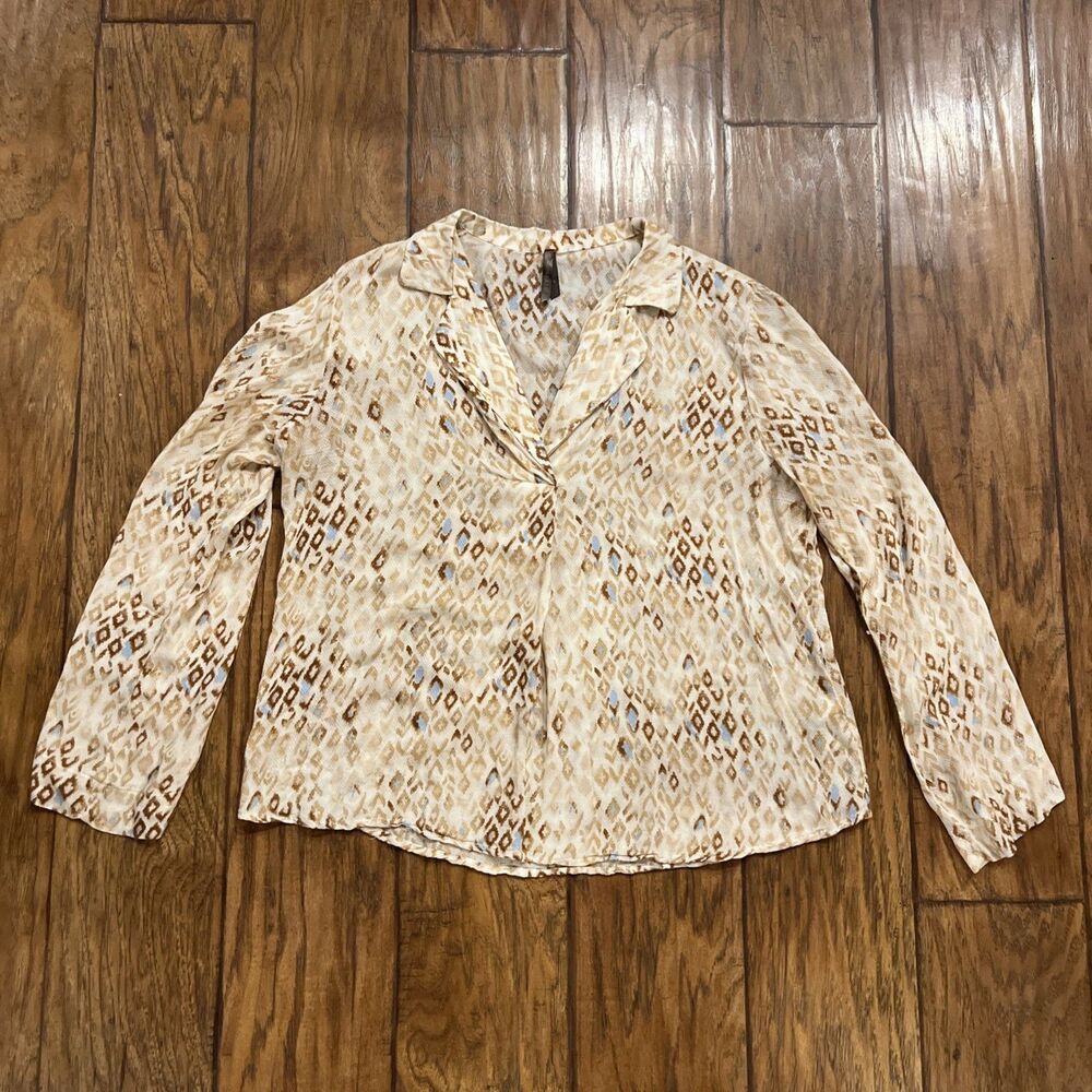 Stetson Sheer Blouse Tan Blue Geometric Print Long Sleeve Top Women’s Small
